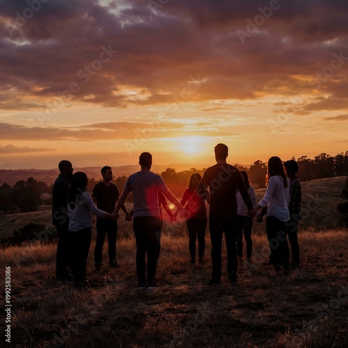Silhouettes of a group of friends holding hands in a circle at sunset, symbolizing unity, community, and connection