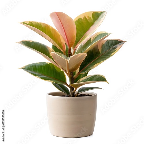 Beautiful indoor plant with vibrant leaves in stylish ceramic pot on a white background