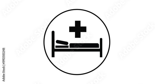 Minimalist vector graphic illustration featuring a black medical hospital bed icon combined with a cross symbol inside a circular shape for healthcare and clinical web design