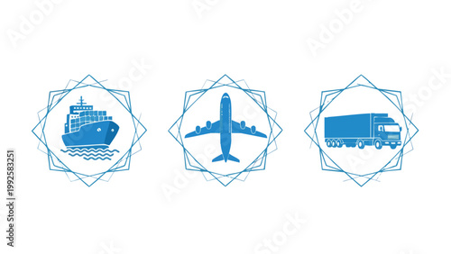 Global Shipping & Logistics Icons: Cargo Ship, Airplane, Truck for Freight Transport