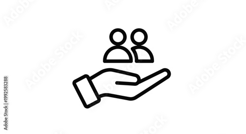 Minimalist vector graphic presenting an open palm cradling two silhouette person symbols, ideal for illustrating concepts of people management, client service, or community outreach programs.