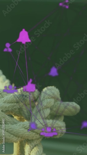 Vertical video: Overlay appearing on rope knot, icons floating and connecting, showing network hub