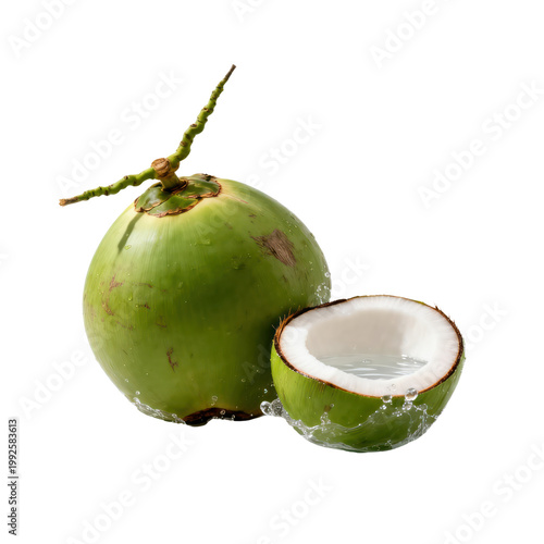 Fresh Green Coconut with Water Splash Isolated on Transparent Background, Generative AI