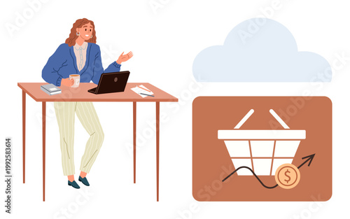 E-commerce, online business, cloud technology, market analytics, digital economy, workplace productivity. Woman using laptop at desk, shopping basket with growth arrow. E-commerce and cloud