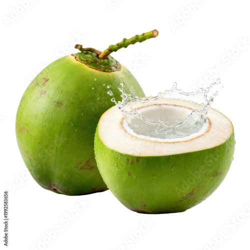 Fresh Green Coconut with Water Splash Isolated on Transparent Background, Generative AI