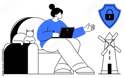 Cybersecurity, remote work, technology balance, online safety, renewable energy, personal connection. Woman with a laptop, a cat and icons of security and windmill. Cybersecurity and remote work