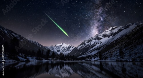 Bright Lyrid Meteor Over Snowy Mountain Range and Lake