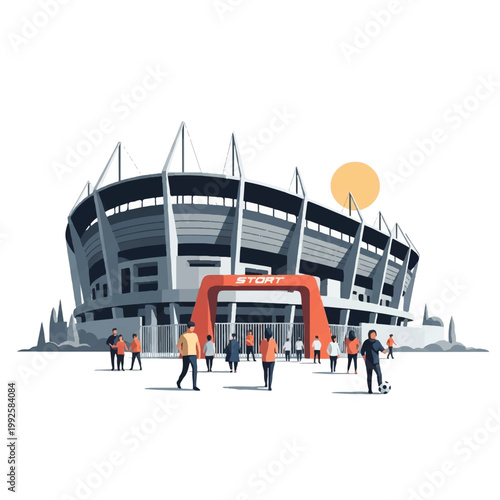 Abstract geometric representation of a futuristic soccer stadium entrance with diverse fans walking towards the gate, bright midday sun, clean minimalist aesthetic, minimalist flat vector