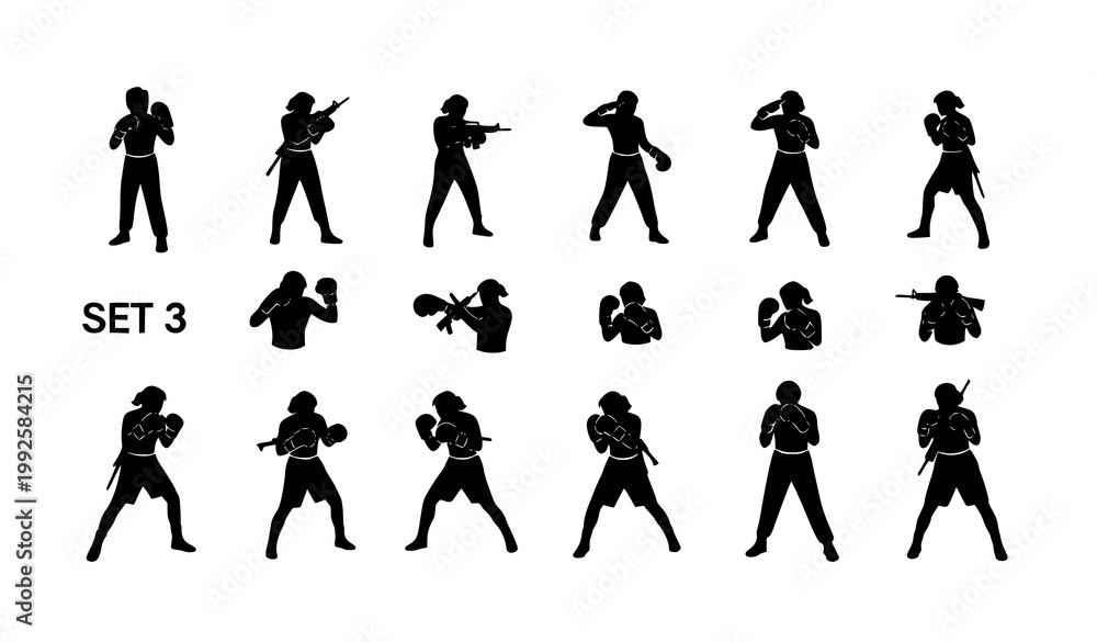 Fototapeta premium Boxer silhouette poses set fighting stances punch actions sports vector eps10