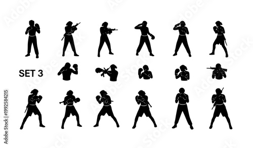 Boxer silhouette poses set fighting stances punch actions sports vector eps10