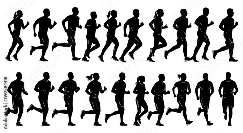 Running men and women, isolated vector silhouettes. Run, side view. Silhouettes of athletic looking male and female runners running. Transparent SVG version.