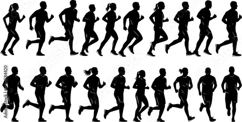 Running men and women, isolated vector silhouettes. Run, side view. Silhouettes of athletic looking male and female runners running. Transparent EPS version.