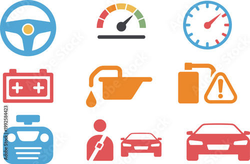 Automotive dashboard icons set illustration, car control steering speedometer battery oil warning symbols, vehicle maintenance concept, flat vector design