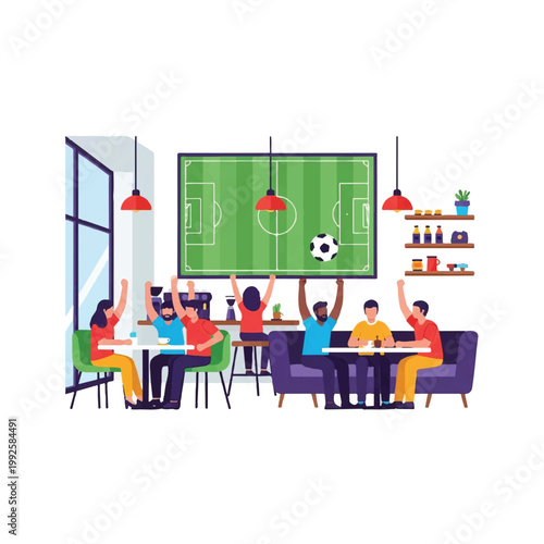 Minimalist interior of a modern coffee shop where diverse patrons are reacting with joy to a soccer match, clean furniture, social atmosphere, minimalist flat vector artwork, clipart style,