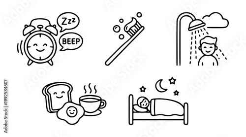 Simple black and white vector illustration set showing daily routine habits for a healthy and productive balanced morning lifestyle concept