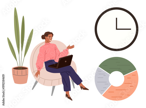 Time management, productivity, remote work, online meetings, workplace organization, data presentation. Woman sitting with laptop, clock and pie chart. Time management and productivity concept