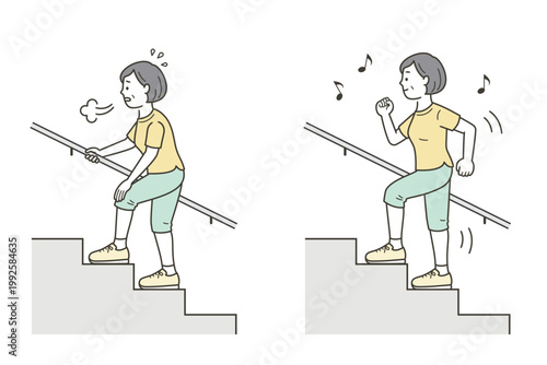 元気に階段を上るミドル世代の女性と辛そうな女性のイラスト
