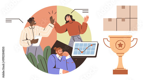 Teamwork, motivation, goal setting, success, business achievements, collaboration. Professionals exchanging ideas with analytics, boxes and trophy. Teamwork and motivation concepts