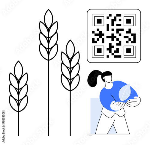 Sustainable farming, eco-friendly practices, traceability, technology in agriculture, food production, organic growth. QR code, wheat stalks person with a leaf. Sustainable farming and eco-friendly