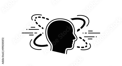 Side Profile of Human Head with Spinning Dots and Dashed Lines, Representing Dizziness or Complex Thought, Isolated White Background