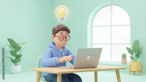 Animated Character Sitting At A Desk Working On A Laptop, Modern Flat 3d Cartoon Style, Clean And Friendly Design