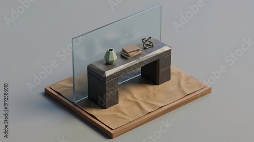 Modern Minimalist Desk with Decorative Items and Glass Partition