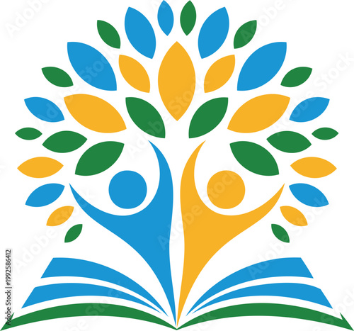 Bild auf Leinwand Colorful illustration of people and tree growing out of an open book  symbol of