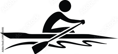 Man rowing a kayak with a paddle on water in a simple silhouette style  recreation