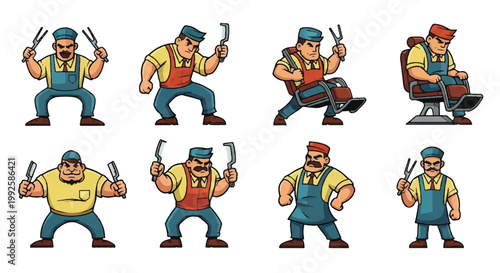 Stylized barber illustrations with tools and poses