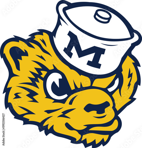 A high-quality digital illustration of a fierce wolverine mascot wearing a sailor cap with the letter "M," designed in the classic blue and maize colors. This vintage-inspired sports graphic represent