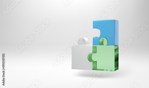 Missing part 3D isometric icon. Blue white and green glass puzzle piece connected. Jigsaw toy for partner search concept. Constructor game fragment realistic render, assemble logic and mission plan