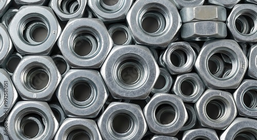 Close up of numerous metal nuts arranged together industrial background