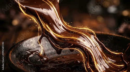 Rich and Glossy Chocolate Flowing into a Bowl with Sparkles