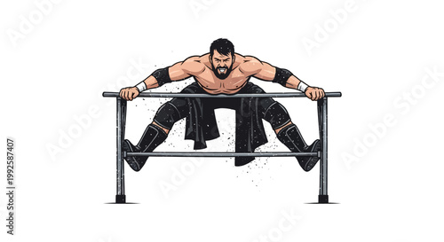 Wrestler performing a split on a wrestling ring rope, dynamic pose
