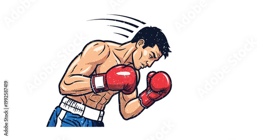 Boxer in action, red gloves, white background