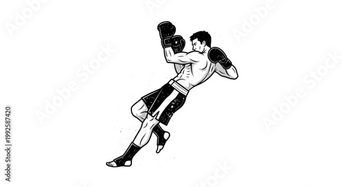 Boxer delivering punch, dynamic pose, black and white illustration