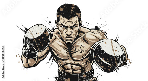 Boxer in fighting stance, intense gaze, dynamic illustration