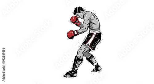 Boxer in fighting stance, red gloves, black shorts, white background