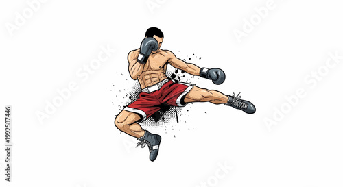 Boxer performing dynamic kick with boxing gloves and red shorts, isolated on white.