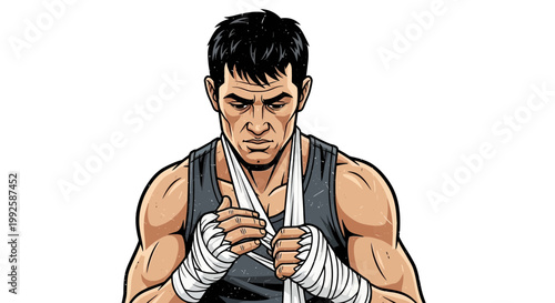 Boxer preparing for fight, wrapping hands with bandages