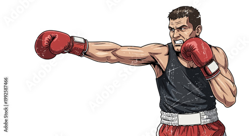 Boxer throwing a punch with red gloves and determined expression