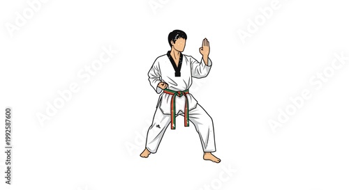 Martial artist in white uniform performing a defensive stance