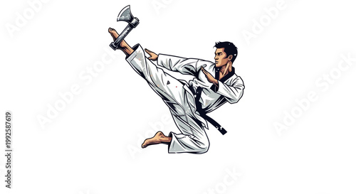Martial artist performing a flying axe kick with an axe attached to his foot