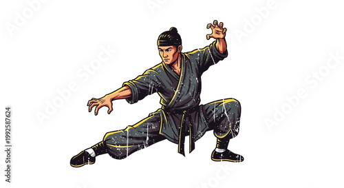 Martial artist performing a dynamic kung fu stance, warrior pose