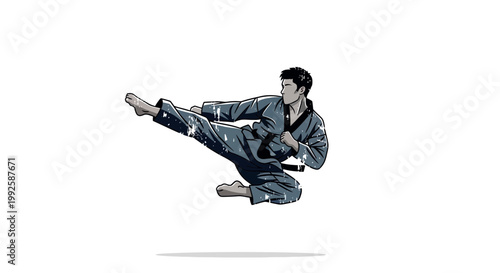 Martial artist performs dynamic flying kick in taekwondo uniform against white background