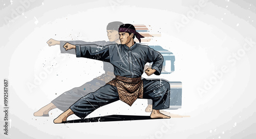 Martial artist performs silat move, dynamic action, stylized illustration