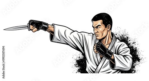 Martial Artist with Knife in Defensive Stance, Karate Uniform, Action Illustration
