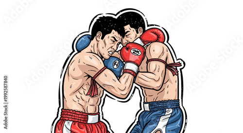 Two Muay Thai boxers fighting, intense close-up action, white background