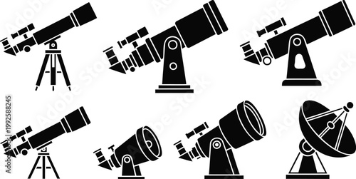Collection of various black and white telescope icons for astronomy and stargazing enthusiasts online