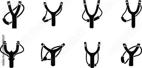 Collection of various slingshot designs in black silhouette on white background for graphic use